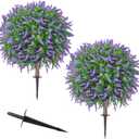 Artificial Lavender Topiary Trees with Ground Stake (Set of 2) - UV Resistant Realistic Fake Lavender Ball Shrubs for Outdoor Patio Garden Front Porch Decor