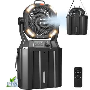 20000mAh Misting Fan with 6L Bucket & 4 Spray Misters, Waterproof Outdoor Cooling Fan for Camping/Patios - Remote Control, 4 LED Light, Stepless Speed & 56H Runtime, Rechargeable Battery, Hanging Hook