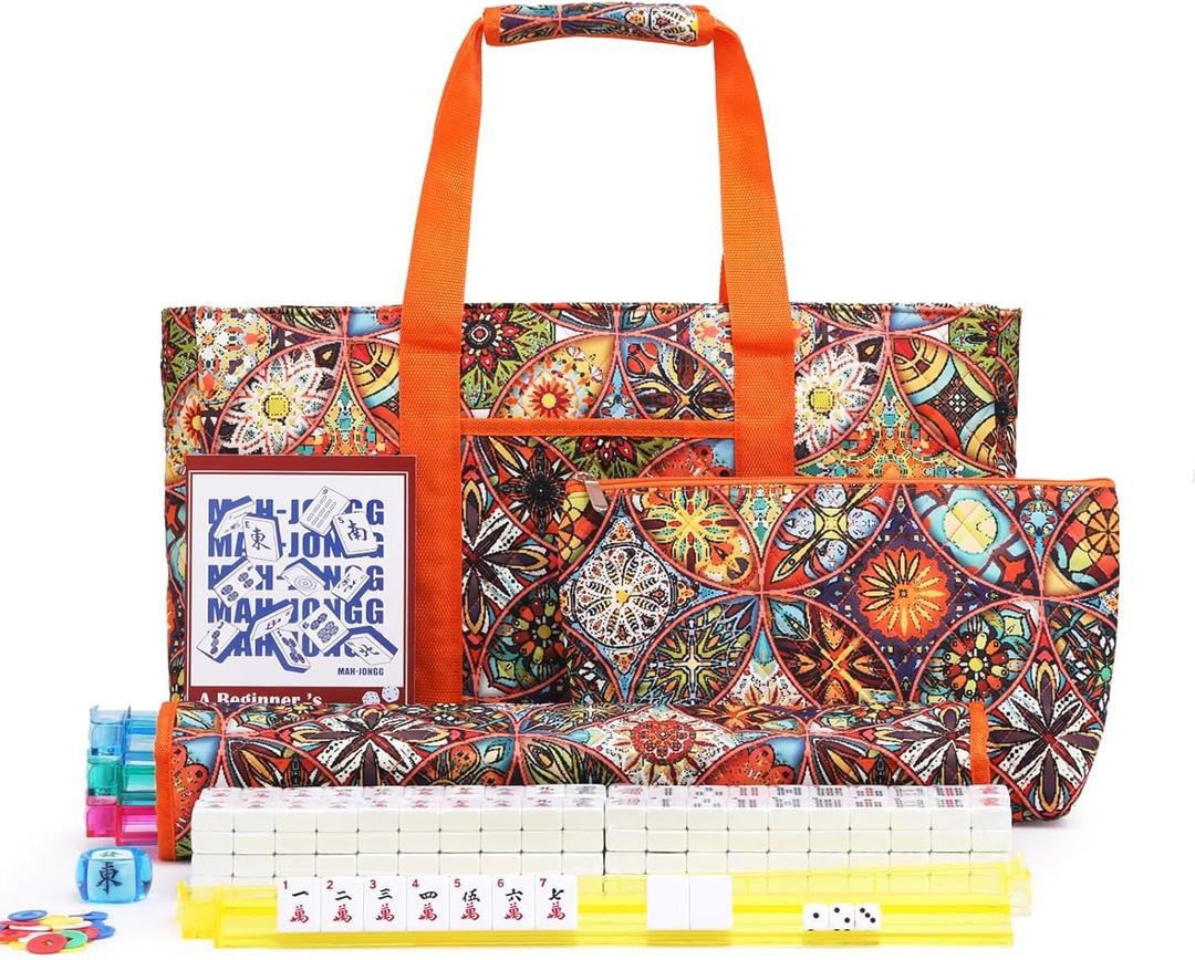 American Mahjong Tile Set with Orange Printed Carrying Bag, 166 Premium White Tiles, 4 All-in-One Color Racks/Pushers, Mah Jongg Sets, Complete Mahjong Game Set for Travel
