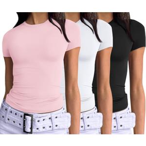 AUTOMET Womens 3 Piece Short Sleeve Shirts Basic Going Out Slim Fitted Crop Tops 2025 Summer Y2k Clothes (Small, Black,white,pink)