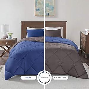 Comfort Spaces Vixie Reversible Comforter Set - Trendy Vibrant Color with Geometric Quilted Cover, Lightweight All Season Down Alternative Cozy Bedding, Sham, Navy/Charcoal, Twin/Twin XL 2 piece