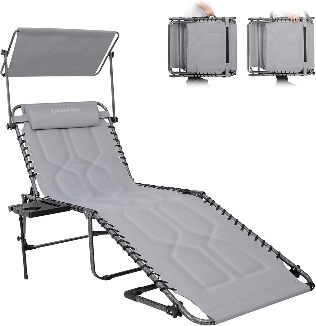 KingCamp Oversized Tanning Chair, Extra-Wide Padded Folding Chase Lounge Chairs Adjustable 5-Position 400lbs Heavy Duty Lounger with Double-Layer Oxford Canopy Shade for Outdoor Beach Patio Sun Pool