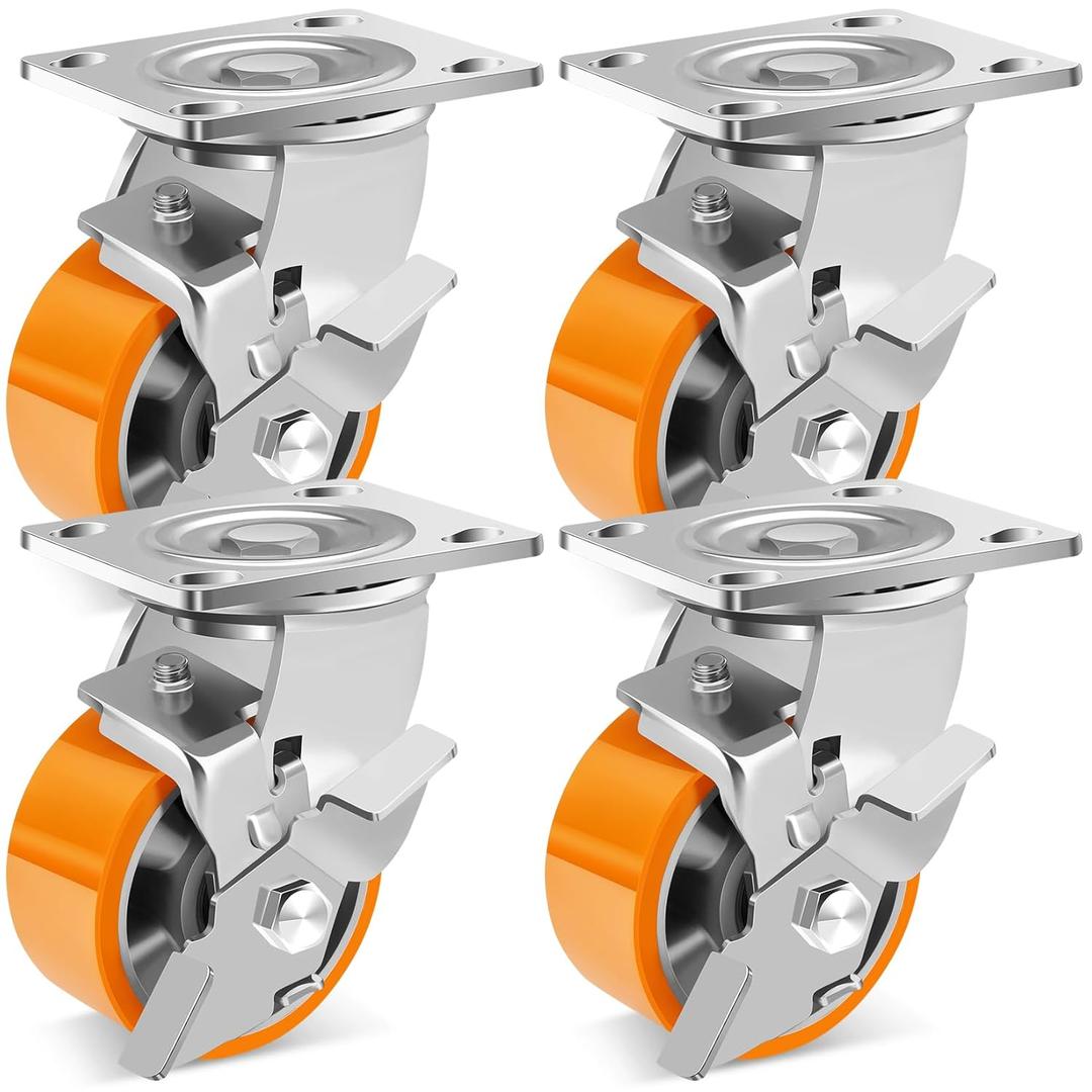 W B D WEIBIDA 4-Inch Industrial Grade Casters Wheels, Heavy Duty Casters Set of 4 with Brake 3200 Lbs, Maintenance-Free Polyurethane on Aluminum Wheels, Plate Swivel Casters for Machine, Workbench