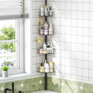 Corner Shower Caddy Tension Pole4 Tier Adjustable Bathroom Organizer ShelvesInside Shower Storage With Hidden Hook & Towel Holder,63.7-119 Inch No-Drill Quick Installation Shower Rack, Black