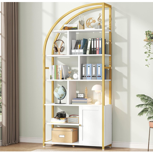 Semoic 6-Tier Bookshelf with Door, 71.1" Tall Industrial Book Shelf with Metal Frame & 9 Open Display Shelves, Large Display Shelving Unit, White Geometric Book Shelf for Lving Room, Home Office, White 