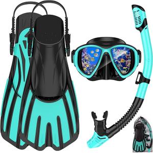 Snorkeling Gear for Adults,3 in 1 Snorkel Set with Panoramic View Diving Mask Anti-Fog Anti-Leak,Dry Top Snorkel,Fins and Travel Bag for Swimming,Snorkeling and Travel Diving (Black)