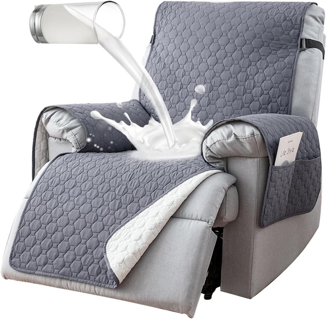 100% Waterproof Recliner Covers for Recliner Chair, Non-slip Small Recliner Chair Cover with 5 Pockets, Elastic Straps, Washable Electric Reclining Chair Protector for Kids, Pets, Dogs, Light Gray (23in)