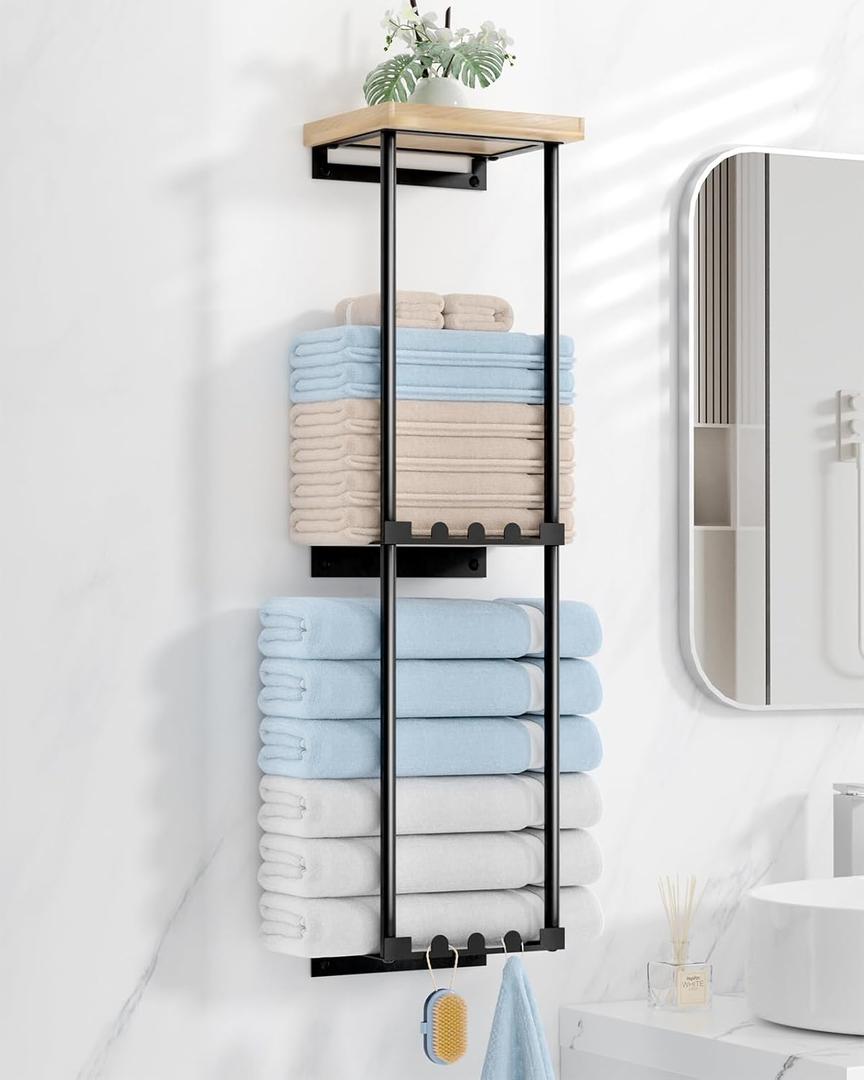 HapiRm Towel Racks for Bathroom Storage - No Drill Wall Mounted Towel Holder with Shelf and 6 Hooks, Rolled Towel Storage Bath Towel Organizer for Small Bathroom, Camper, Rv - Black