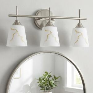 3-Light Mid Century Bathroom Light Fixture, Brushed Nickel Modern Vanity Light with White Marble Glass Shade, for Bathroom Mirror, Living Room, Bedroom, Hallway, E26 Base