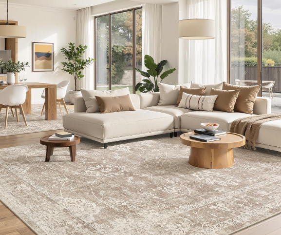 Madane 8x10 Area Rugs for Living Room, Machine Washable Vintage Rug with Non-Slip Backing, Soft Floral Print Large Throw Rugs, Thin Carpet for Bedroom Dining Room Farmhouse (8 x 10, Brown/Sand)