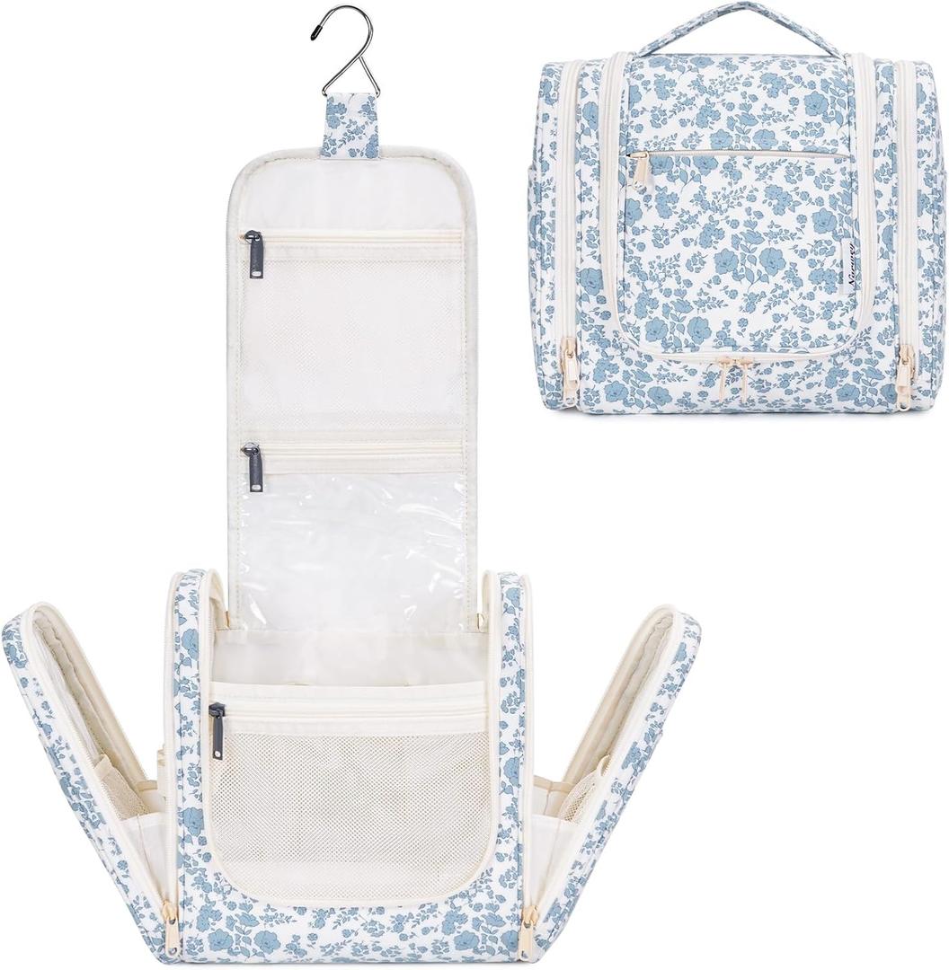 Narwey Hanging Toiletry Bag for Women Travel Makeup Bag Organizer Toiletries Bag for Cosmetics Essentials Accessories (Z-Little Blue Flower)