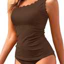 One Shoulder Two Piece Tankini - Ribbed Swim Tops with Bottom Tummy Control Swimsuits Sporty Bathing Suits Swimwear (Brown, L)