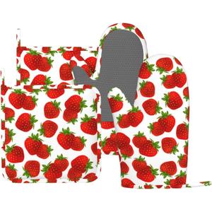 Cute Strawberry Oven Mitts and Pot Holders Sets Silicone Strawberries Kitchen Mitts Strawberry Potholders Heat Resistant 4Pcs Oven Gloves Hot Pads for Kitchen Baking Cooking BBQ Grilling
