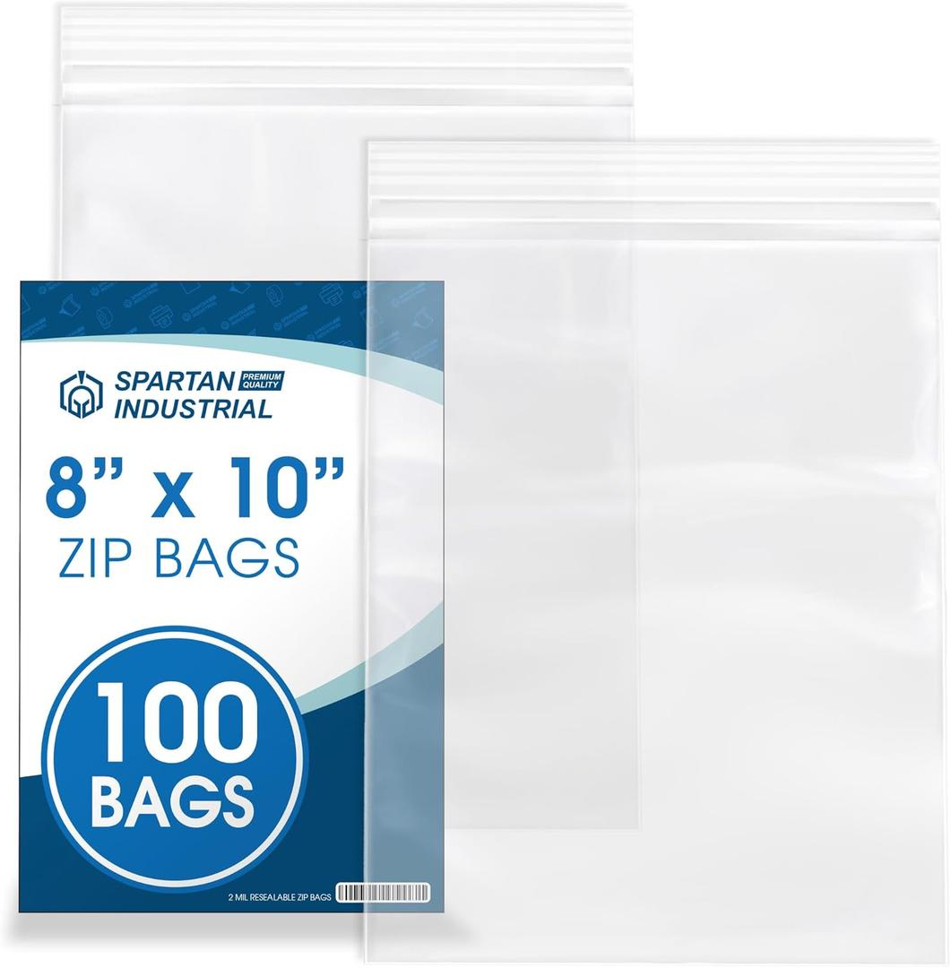 Spartan Industrial - 8" X 10" (100 Count) 2 Mil Clear Reclosable Zip Plastic Poly Bags with Resealable Lock Seal Zipper