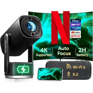 Built-in Battery Portable Projector with WIFI and Bluetooth, Built-in Stand 270 Tilt, 3ft Short Throw for 150" Display, 1080P Supported & 350 ANSI, for Home Outdoor Ceiling and Floor Movie Watching (Black)