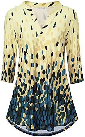 BAISHENGGT Womens 3/4 Sleeve Floral Printed Notch V Neck Blouses Tunics Tops, Medium