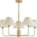 Gold Chandelier Light Fixture, 5-Lights Mid Century Chandelier with Shades for Dining Room Light Fixture, Adjustable Height White Pleated Farmhouse Pendant Light for Bedroom Ceiling Lamp