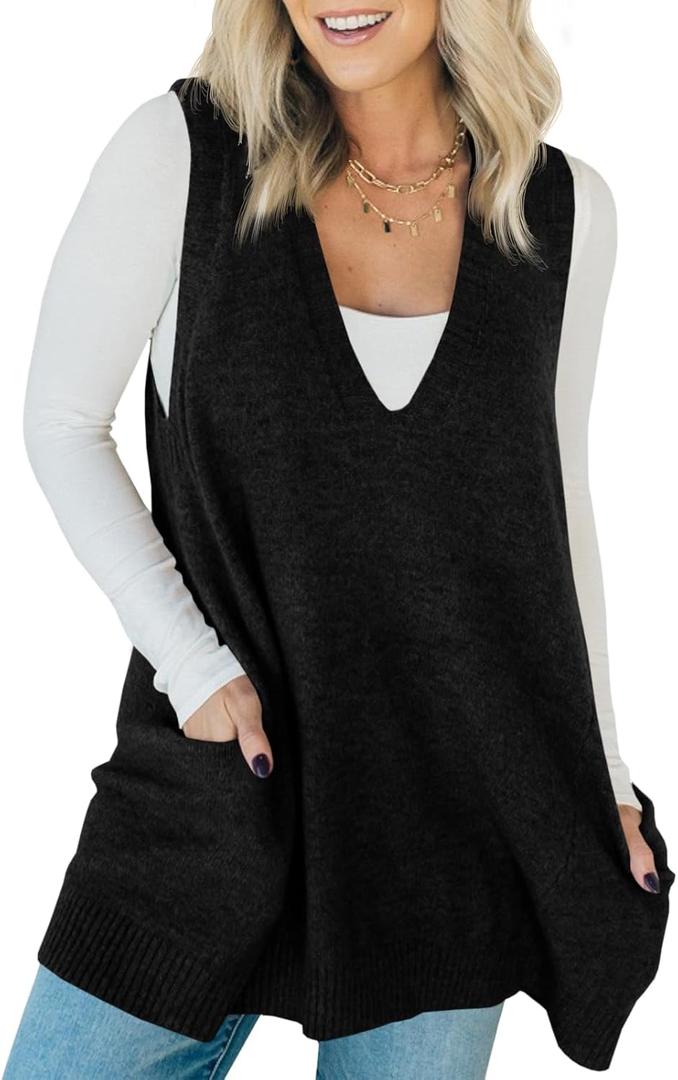 Saodimallsu Womens Sleeveless Sweater Vest V Neck Loose Knit Casual A Line Flattering Tunic Top with Pockets, Size XL