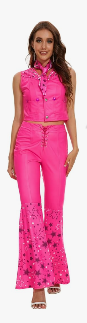 Saxcdyi Cowgirl Costume 70s 80s Hippie Disco Outfits Pink Vest Top Flare Pant Halloween Cosplay Suit for Women S