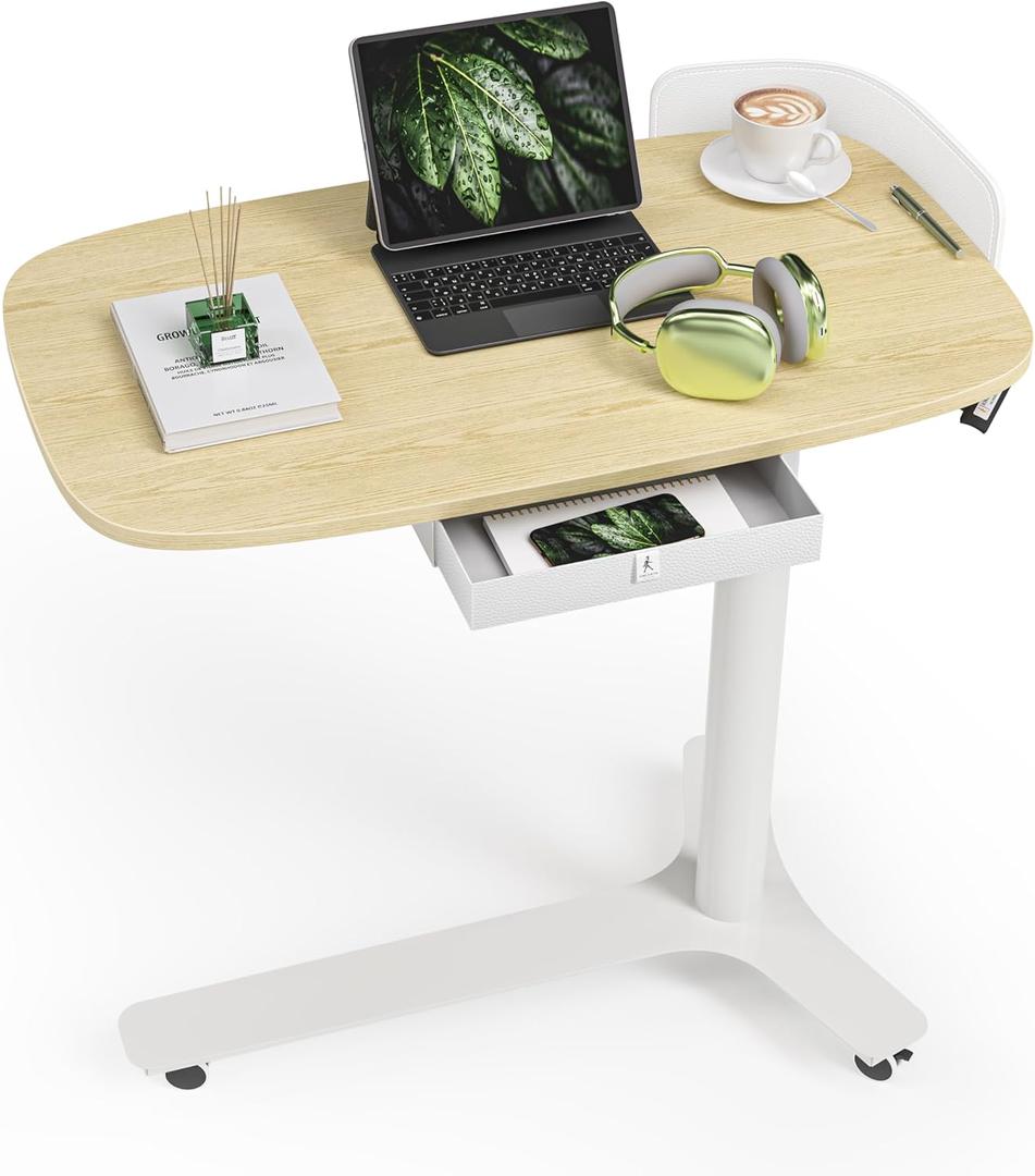 Height Adjustable Mobile Standing Desk with 360 Swivel Casters, 28"-43" Pneumatic Rolling Desk with Storage Drawer, Perfect for Home Office, Bedroom, Living Room, Oak