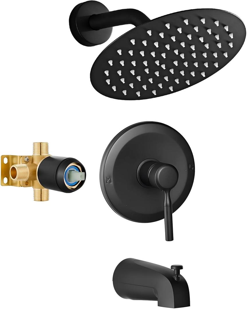 HUCKLE Bathroom Shower Head with Tub Faucet, 8-Inch Black Rainfall Shower Head with Shower Valve, Stainless Steels Shower System, Bathtub Faucet Set with Shower Valve Kit