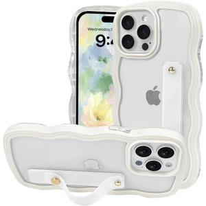 NITITOP Compatible with iPhone 12 Pro Max Case with Wrist Strap Kickstand Clear Cute Wave Wavy Frame for Women Girls Two-in-one Back Shockproof Protective Phone Cover - White