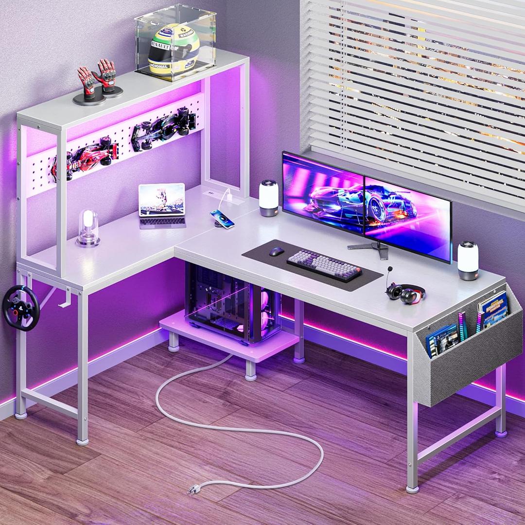 PRAISUN L Shaped Gaming Desk with LED Lights & Power Outlets, Reversible Computer Desk with Storage Shelves & Bag, Large Corner Home Office Desk with Pegboard for Work from Home, White, 51.2 Inch