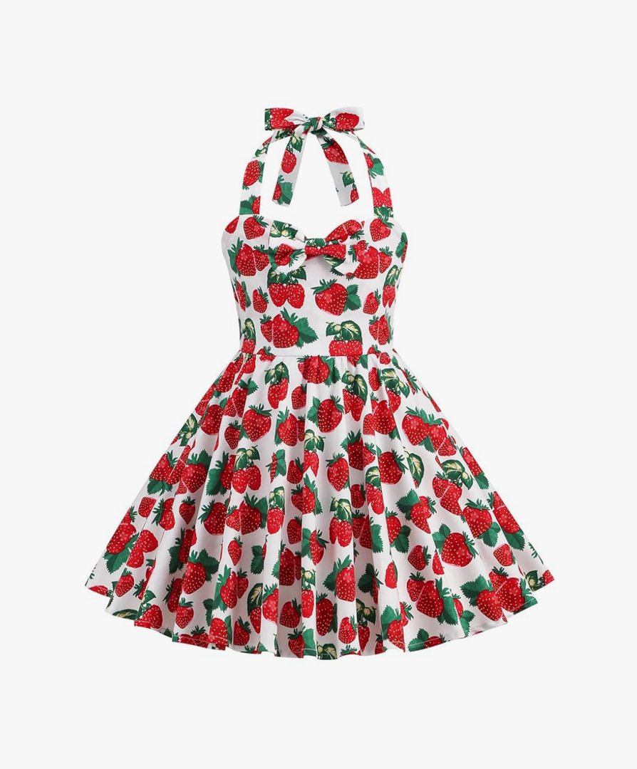 Vintage Dresses for Girls Halter Dress Sleeveless Bowknot Heart Neck 4-12 Years L