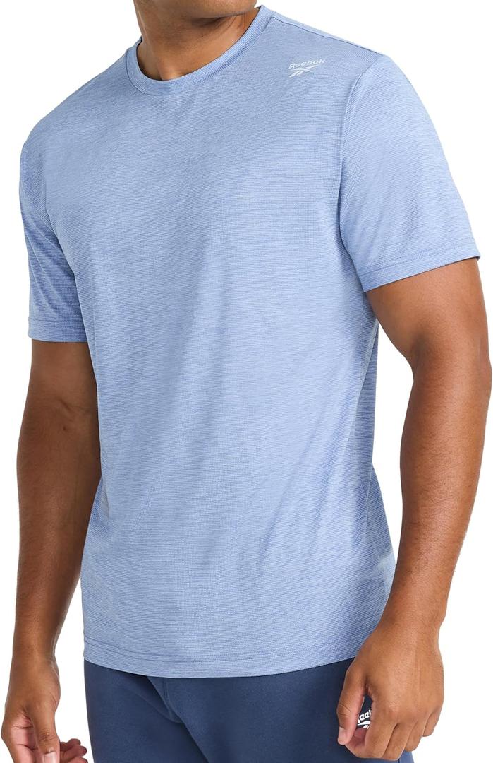 Reebok Men's Small Logo Short Sleeve Crewneck T-Shirt, Standard Fit, Breathable Lightweight Stretch Knit Fabric (Blue), L