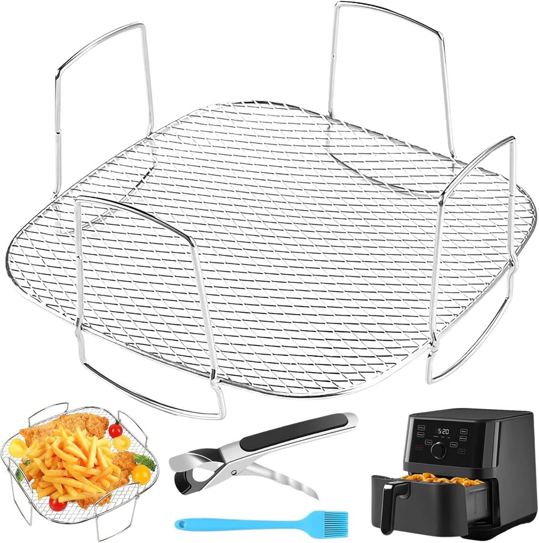 8 inch Square Air Fryer Rack with Food Tong & Oil Brush, Lancisism Stainless Steel Dehydrator Rack Square Air Fryer Accessories for Air Fryers-8.278.273.6inch (Silver)