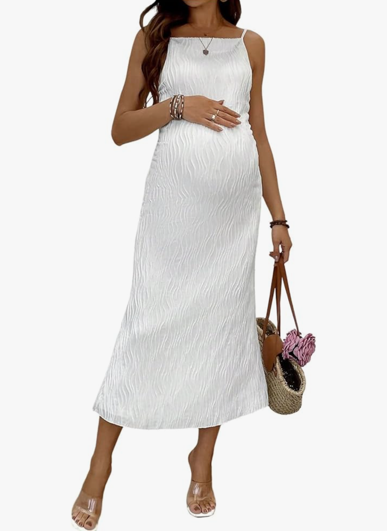 OYOANGLE Women's Maternity Dress Textured Spaghetti Strap Double Lined Bodycon Long Dresses M