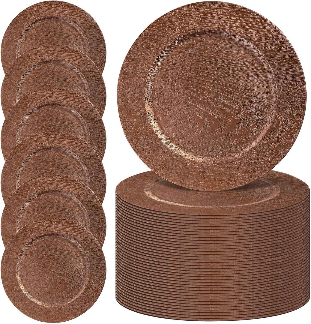 MAONAME 50 PC Brown Charger Plates Bulk, Farmhouse Faux Wood Plate Chargers, 13 inches