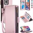 FLIPALM Wallet Case for iPhone 16 Pro Max 6.9" with Wrist Strap - PU Leather Folio Flip with Credit Card Holder & Kickstand, Protective Cover(Pink)