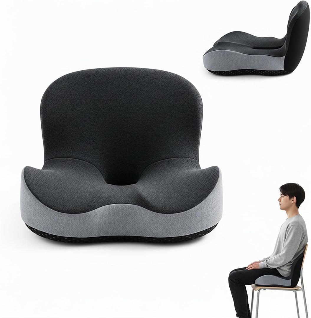Memory Foam Seat Cushion, L-Shaped Ergonomic Office Chair Cushion for All-Day Sitting Comfort, Relieving Back & Tailbone Pain, Supportive Seat Cushions for Office Desk Gaming (Black Gray)