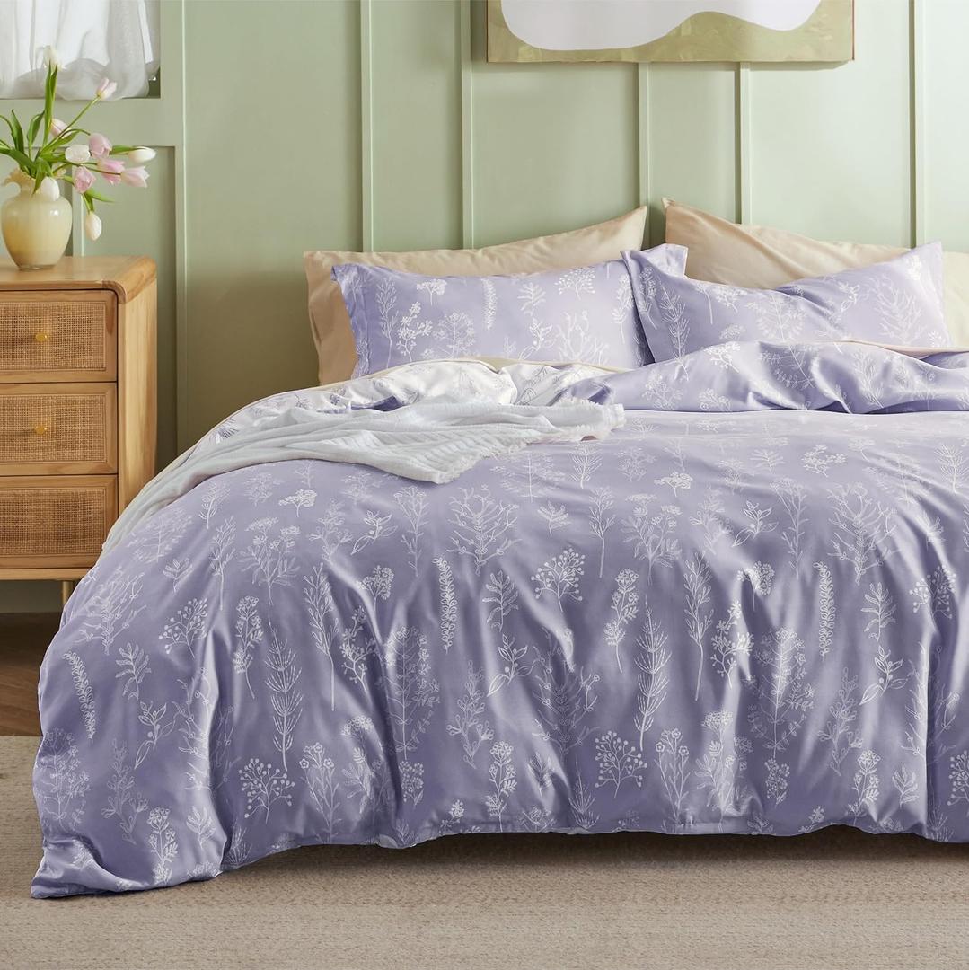 Bedsure Duvet Cover King Size - Reversible Lilac Purple King Duvet Cover Set with Zipper Closure, 3 Pieces Floral Patterned Bedding Set with 8 Corner Ties and 2 Pillow Shams (King (104" x 90"), 07 - Misty Lilac (No Comforter))