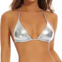 Halter Metallic Crop Top Shiny Triangle Bralette Rave Bra Swimsuit Top (Small, Silver)