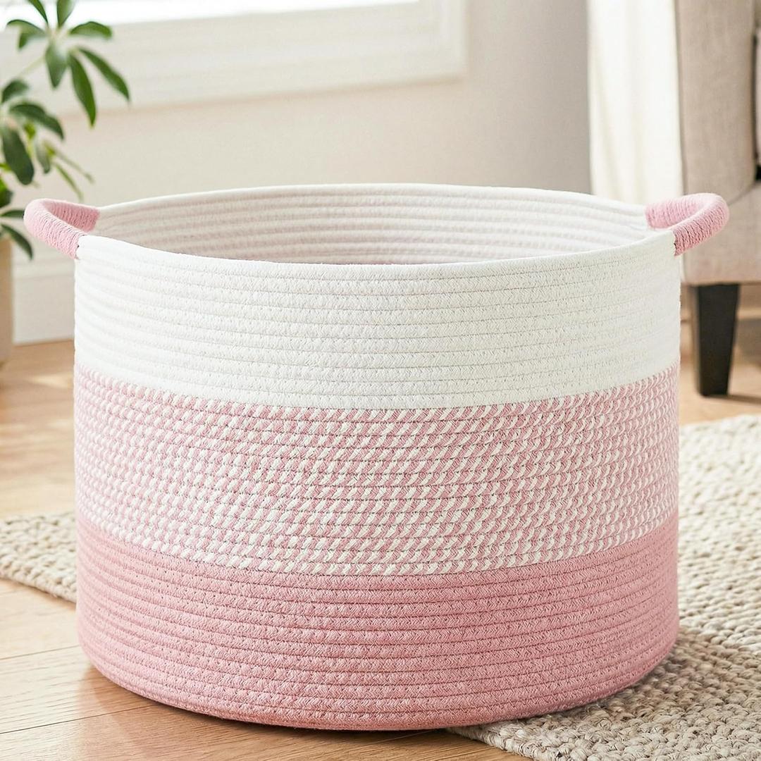 Artfeel 70L Large Cotton Rope Basket, Decorative Woven Blanket Storage for Living Room, Boho Toy Storage & Toy Box for Kids, Versatile Laundry Basket & Nursery Hamper for Blankets(Pink)