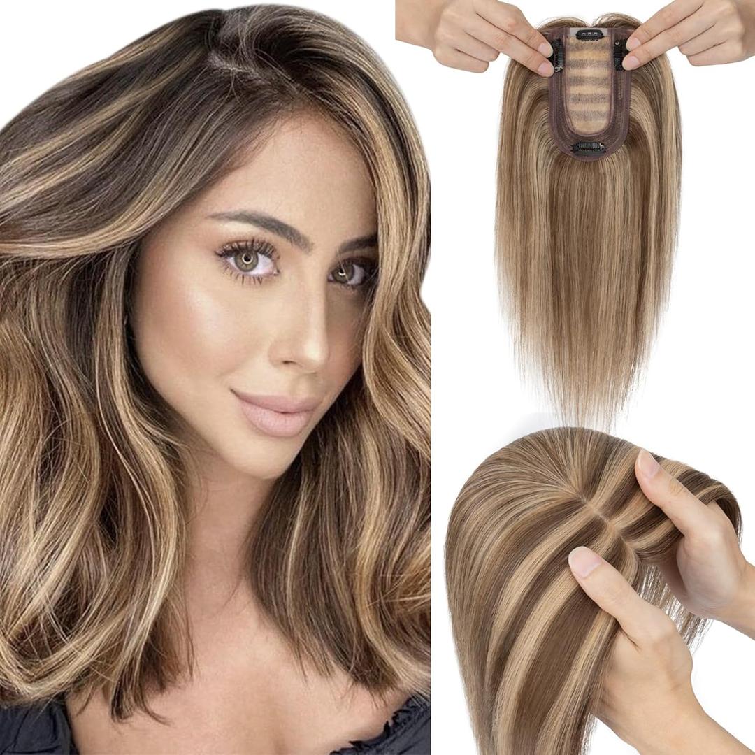 Elailite Hair Toppers for Women Real Human Hair Topper Thinning Thin 5.1"x2.8" Silk Base Clip in Remy Hairpieces 12 Inch Chocolate Brown mix Dark Blonde