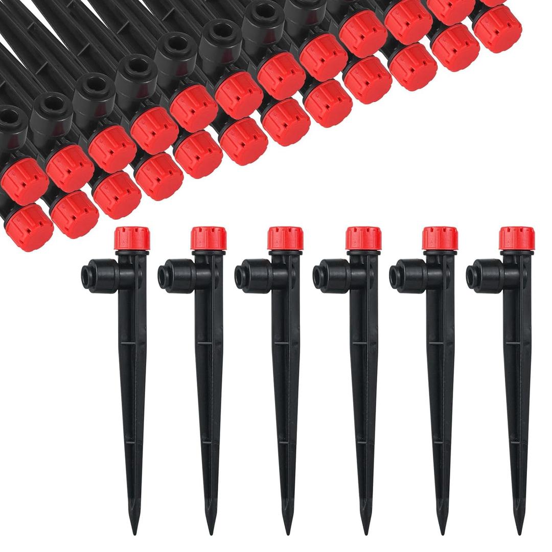 60 Pcs Red Drip Irrigation Emitters with Stake - Adjustable Stream for 1/4" Tubing - Garden Watering System Parts Drippers - Sprinkler Heads
