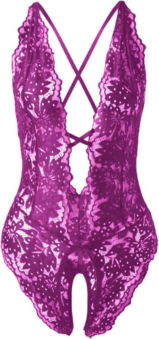 SOLY HUX Women's One Piece Lingerie Sexy Lace Babydoll Deep V Teddy Criss Cross Backless Teddy Mini Bodysuit, Medium