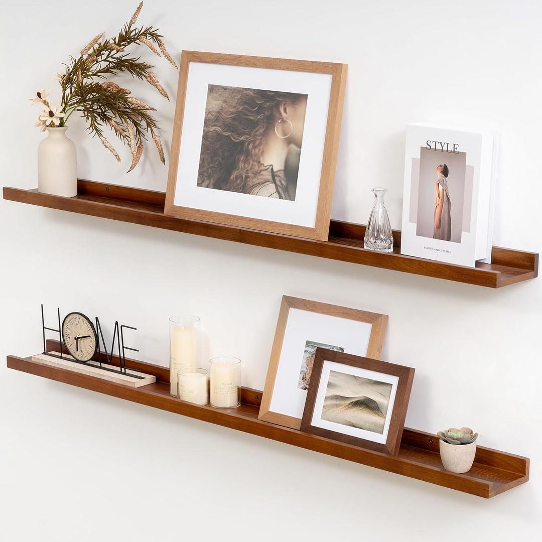 Acovy Solid Ash Wood Picture Ledge Shelf, 36 Inch Floating Shelves with Lip Set of 2, Photo Ledge Shelf Nursery Bookshelf Wall Mounted for Living Room Bedroom Decor, Walnut