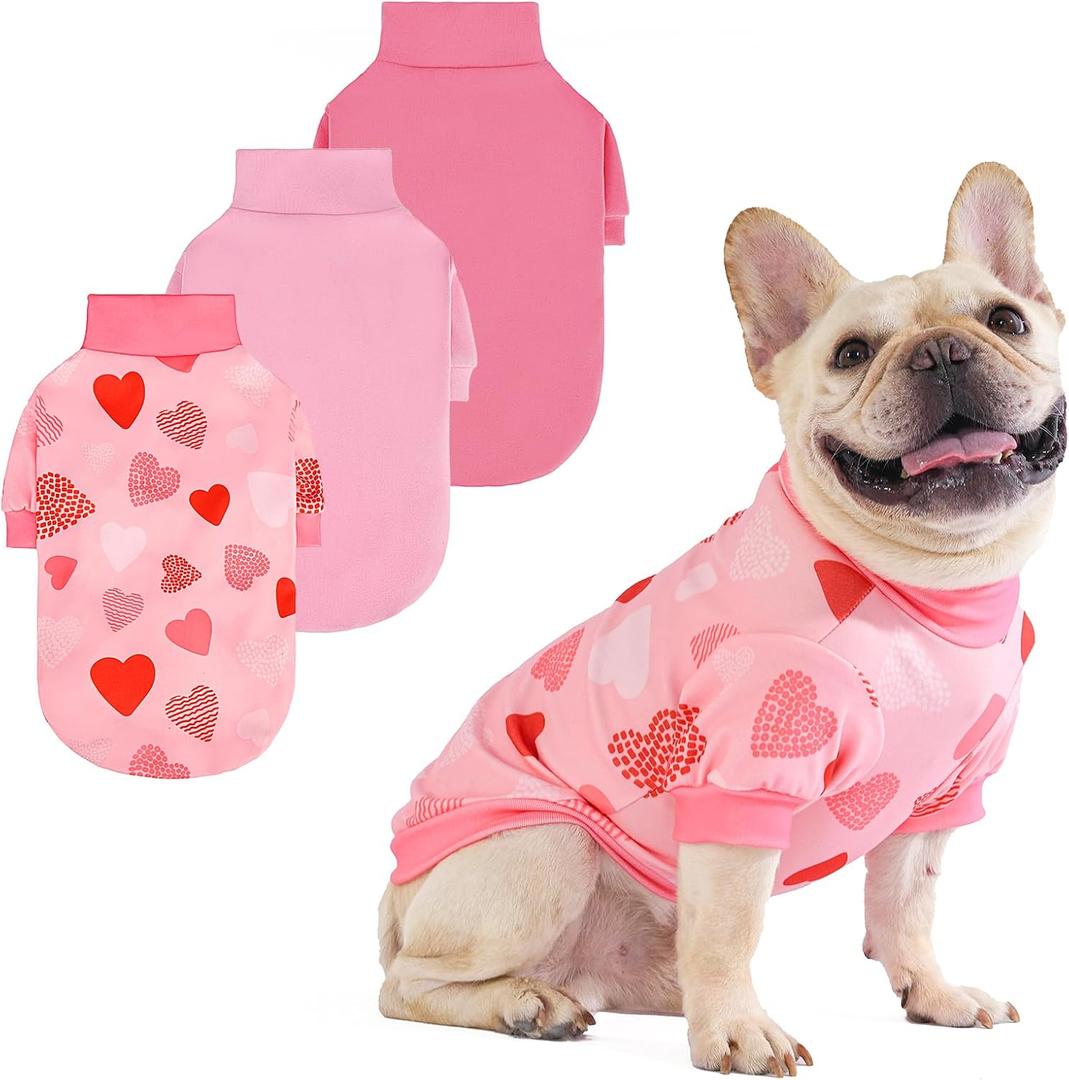 KOOLTAIL Valentine's Day Dog Sweater for Small Dogs, 3 Pack Fleece Puppy Shirt Turtleneck Pullover Clothes with Love Heart Pattern, Fuzzy Soft Warm Pet Winter Cold Weather Coat, Girl Boy, Pink S