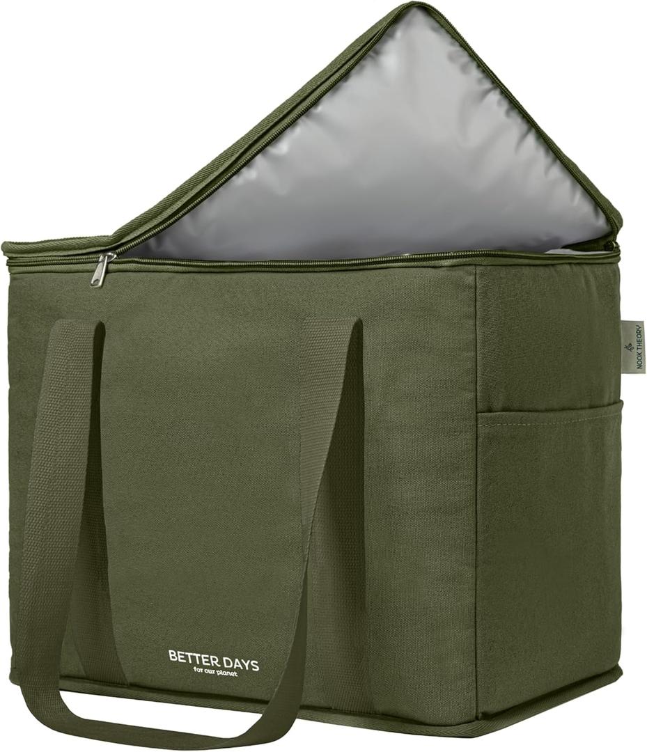 Nook Theory Reusable Insulated Grocery Bag - Leak Proof, X Large Cooler Bag - Insulated Shopping Bags for Groceries - Travel Cooler Bag for Frozen and Hot Food with Zippered Top (Forest)