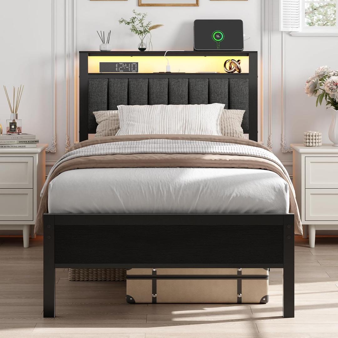 Twin Bed Frames with Headboard, LED Lights & Charging Station