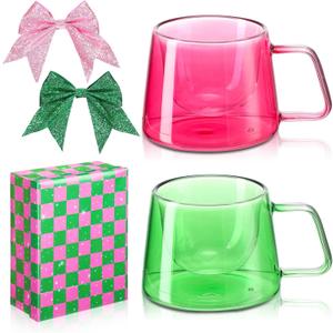 Honeydak 5 Pcs Witch Pink Green Espresso Cups Set Witch Party Glass Mugs Gift 8 oz Pink Green Reusable Glass Cups 2 Glitter Bows for Women Birthday BFF Couples Princess Lover Musical Party Decorations