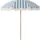 6.5FT Striped Beach Umbrella with Fringe, UPF 50+ Sun Protection, Adjustable Height and Tilt Design, Wind-Resistant Fiberglass Ribs, Sturdy Wood Grain Iron Pole, Lightweight & Portable with Carry Bag, Base Not Included