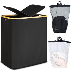 efluky Laundry Hamper with Lid, Double Laundry Hamper with 2 Removable Bags, 2 Section Laundry Basket with Bamboo Handles for Bathroom, Bedroom & Laundry Room, 140L (36.9 Gallon) Black (140L Dual)