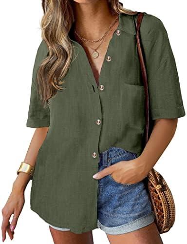 HOTOUCH Linen Shirts for Women Button Down Shirt Cotton Short Sleeve Collared Loose Fit Blouse Drop Shoulder Casual Tops, Green, Large HOTOUCH Linen Shirts for Women Button Down Shirt Cotton Short Sleeve Collared Loose Fit Blouse Drop Shoulder Casual Tops, Green, Large
