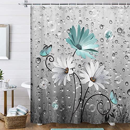 Xguatan Rustic Farmhouse Teal Floral Shower Curtain, Farm Teal Daisy Flowers and Butterfly Shower Curtain for Bathroom, Country Turquoise Gray Fabric Boho Shower Curtain Set with 12PCS Hooks, 70X70IN