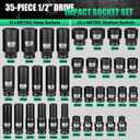 1/2" Spuare Drive 35 Piece Impact Socket Set,Metric Shallow (8-32mm) and Deep (10-32mm) Allen Sockets,Dual Size Markings,6 Point Radius Corner Design,CR-MO Alloy Steel for Auto Repair